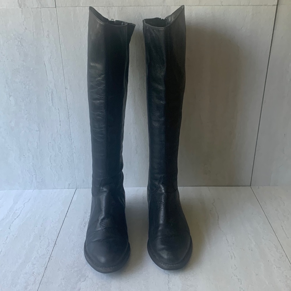 Dune Women's Black Leather Tall Staff Back Zipper Small Block Heel Boots Sz 7.5